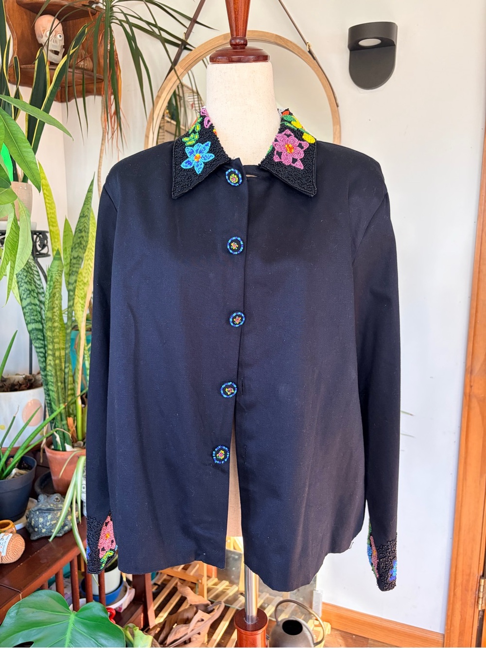 Vintage 90s New Identity Beaded Floral Jacket Shirt XL Black Cotton Cottagecore